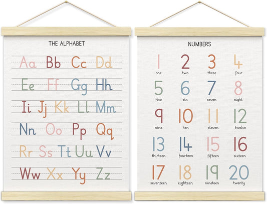 BONETAT Numbers alphabet poster for Nursery Toddlers,Correct Letter Formation on Line Paper, Play Room Wall Decor,ABC Wall Chart,Preschool Homeschool Decor Kids Wall Decor,Wooden Alphabet Banner-A04
