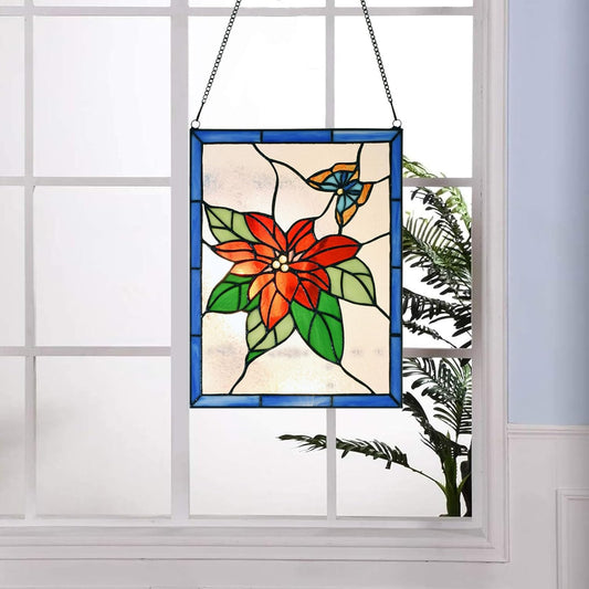PA0020 Christmas Flower Stained Glass Hanging Panel-10 Wx13.25 H Window Suncatcher Tiffany Style Window Ornament, Handcrafted Poinsettia Flower Home Hanging Decorations