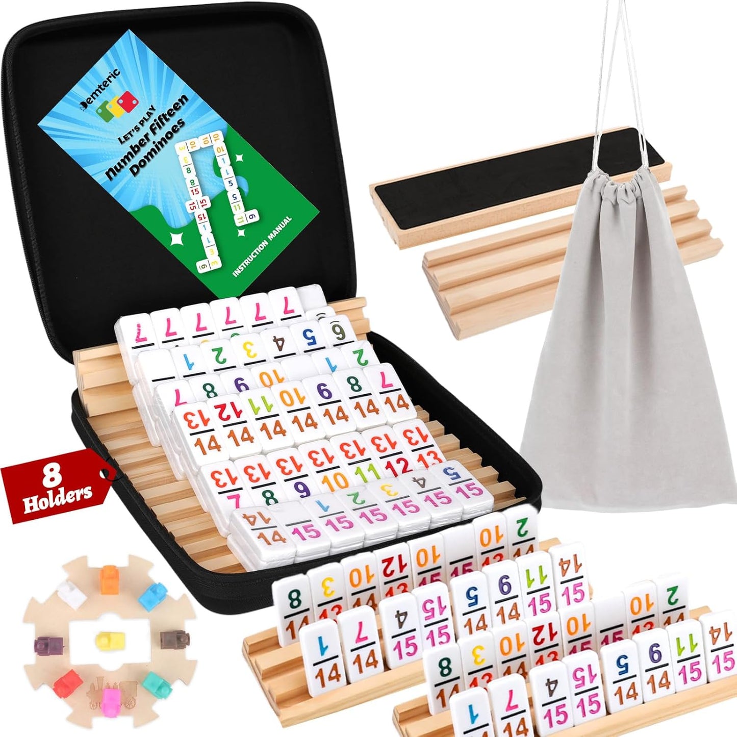 Mexican Train Dominoes Double 15 with 8 Wooden Holders | 136 Colorful Number Dominos Tiles for Adults, Travel Board Game for Family Nights, Cognitive Strategy Games for 2-8 Players