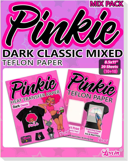 Lovein-Pinkie Heat Transfer Paper for Dark Fabric, Iron on Transfer Paper for Inkjet Printer & Teflon Sheets for Heat Press Machine (Mix Pack, 20 Sheets, 8.5x11'')
