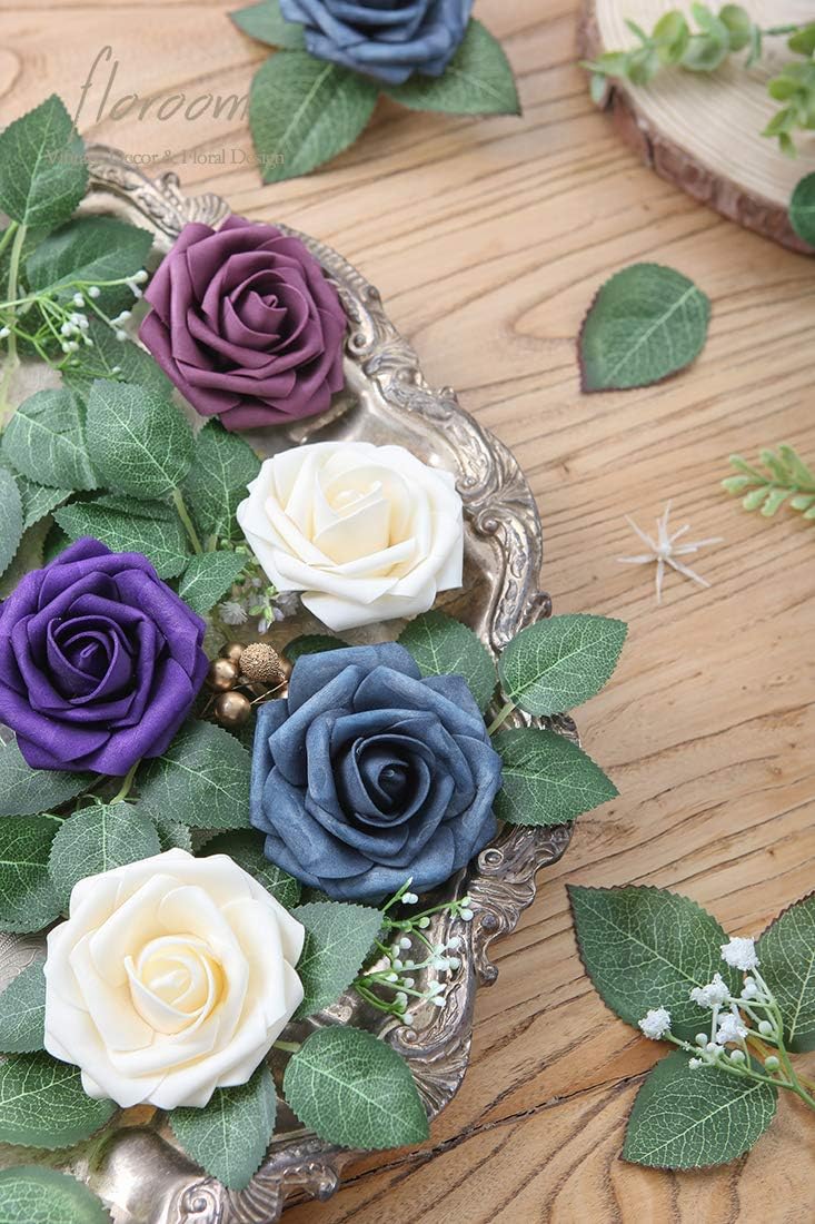 Floroom Artificial Flowers 25pcs Real Looking Plum Foam Fake Roses with Stems for DIY Wedding Bouquets Bridal Shower Centerpieces Floral Arrangements Party Home Decorations