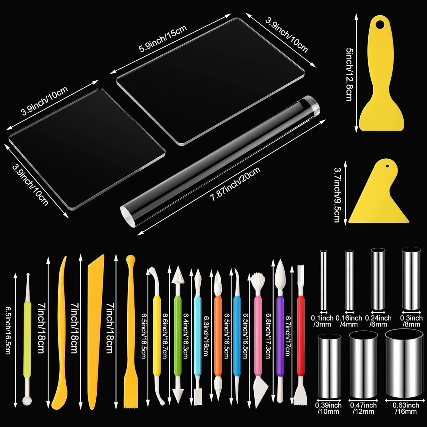 Honoson 24 Pcs Clay Sculpting Tools Kits Polymer Clay Tools DIY Set with Roller, Acrylic Sheet, Scraper Backing Board, Round Circle Shape Cutter, Shaping for Art Craft(Colorful)