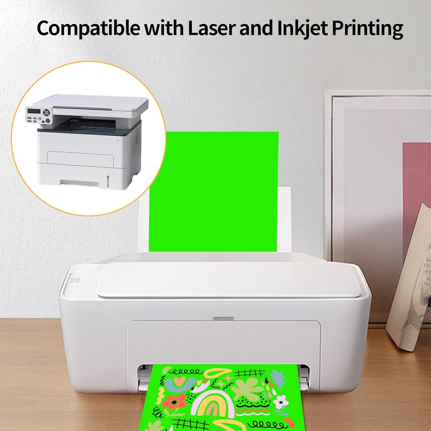 Neon Green Sticker Paper Labels for Laser & Inkjet Printer, Fluorescent Green Printable Sticker Paper- Matte, Letter Size 8.5" x 11"