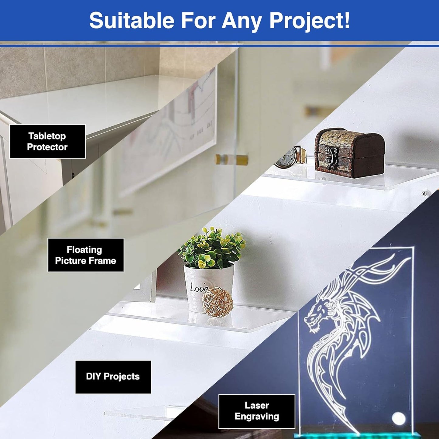 Duco USA-Made Clear Cast Acrylic Sheet 1/8 Inch Thick 12" x 12" - 8 Pack of Transparent Plexiglass Sheet - Lightweight Acrylic Board for Window Replacements, Displays, Signs, and More