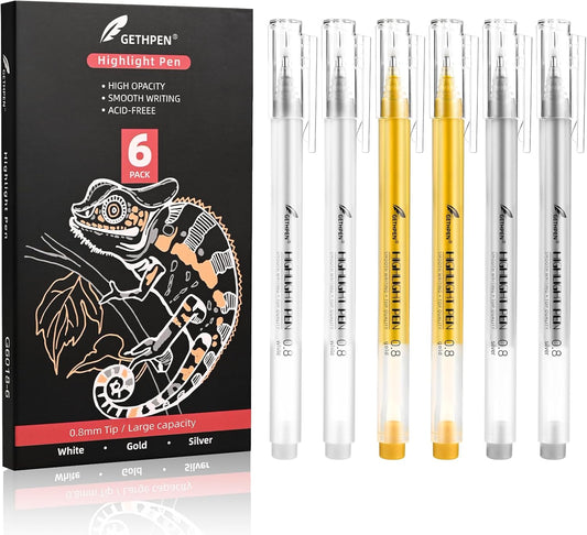 3 Colors 0.8mm Extra Fine Point 6-Pack Gel Pen Set – White, Gold & Silver Gel Ink Pens for Artists Drawing on Black Paper, Sketching, Bullet Journaling & Crafting