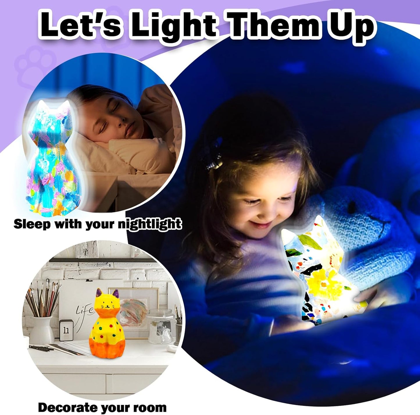 FUNZBO 2pcs Paint Your Own Cat Lamp - Halloweens Arts and Crafts Supplies Kitten Painting Kits for Kids Teens, DIY Night Light Toy for Toddlers Girls Boys Ages 3 4 5 6 7 8 9 10 11 12 13 Birthday Gifts