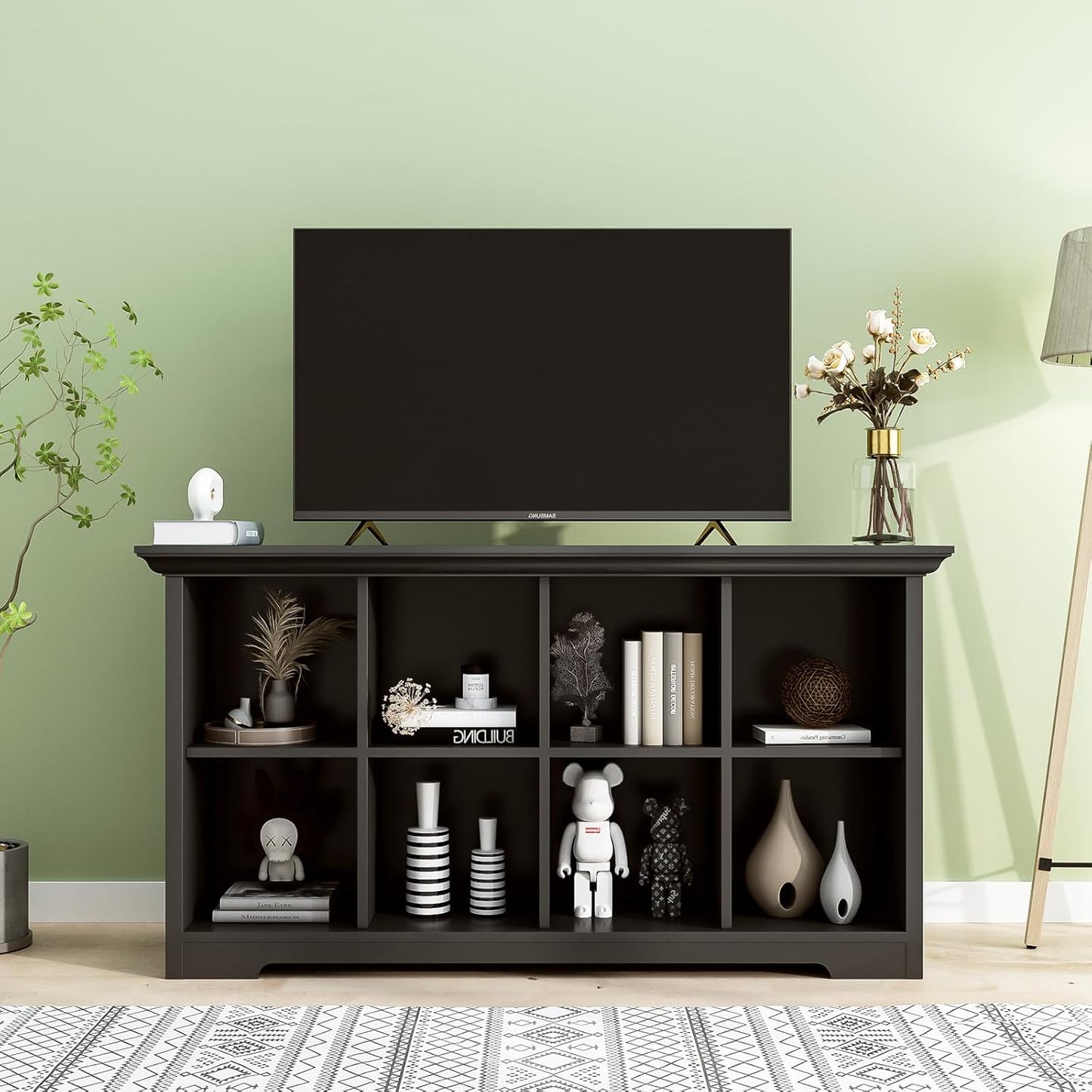 Cube Shelf Bookcase with Base - Wooden 2 Tiers Floor Standing Low Storage Cabinet for Home and Office, 8-Cube Lattice Bookshelf, Black