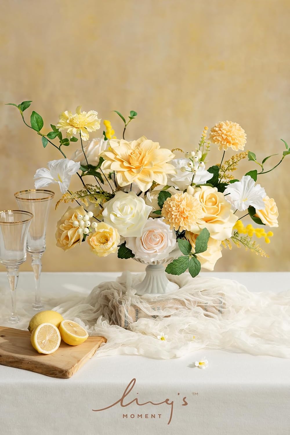 Ling's moment Creamy Yellow Dahlia Foam Artificial Flowers Real Touch Faux Fake Flower for Home Decor Graduation Baby Shower Decorations Outdoors Party Favors Wedding Centerpieces Arrangements 25pcs