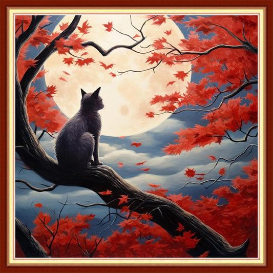 Disxvivy Cross Stitch Stamped Full Embroidery Kits DIY 11CT Cotton Thread Printed DIY Needlepoint Kits Craft Needlework Set Cross-Stitch Stamped Sets-Cats Admiring Moon 18x18 inch