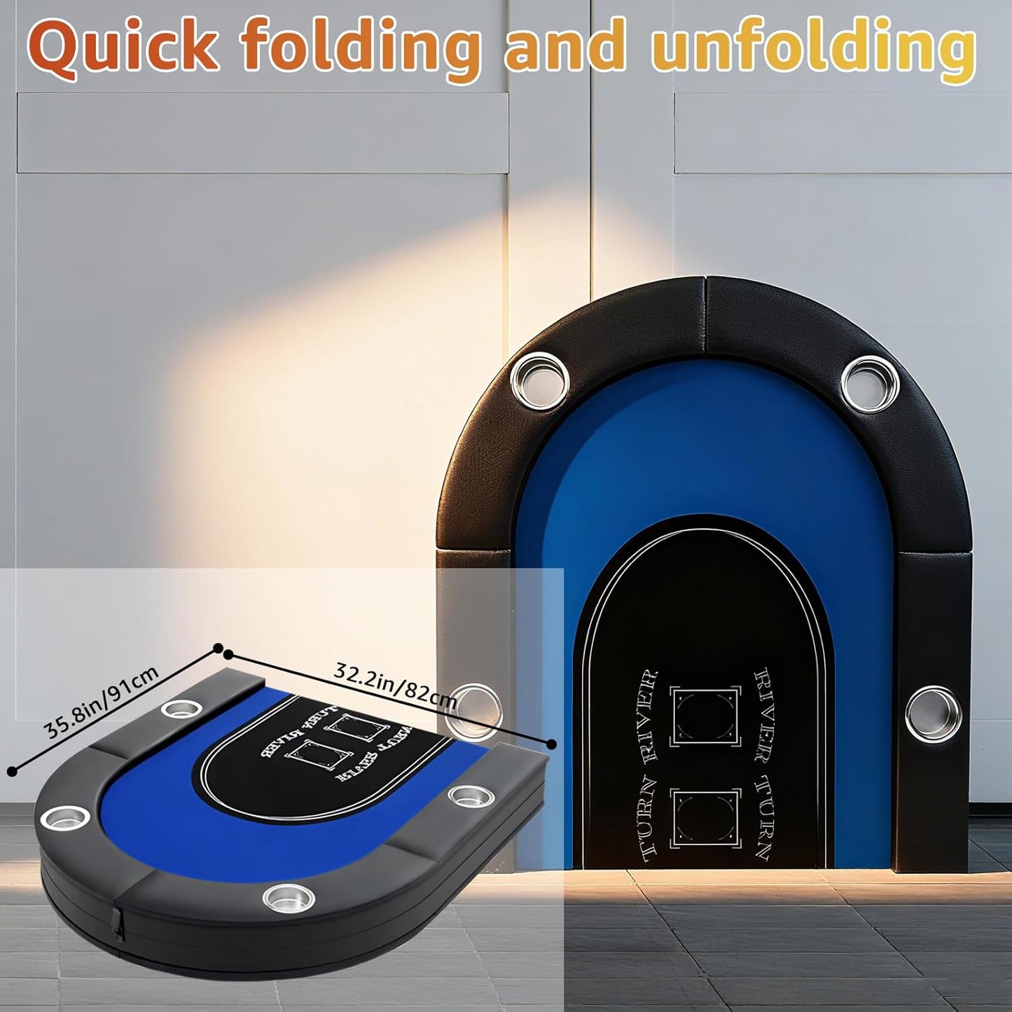 Folding Poker Table, 8 Player Portable Design with Collapsible Legs & Cup Holders, 72 Inch Foldable Casino Table for Quick Setup, Texas Holdem & Card Games