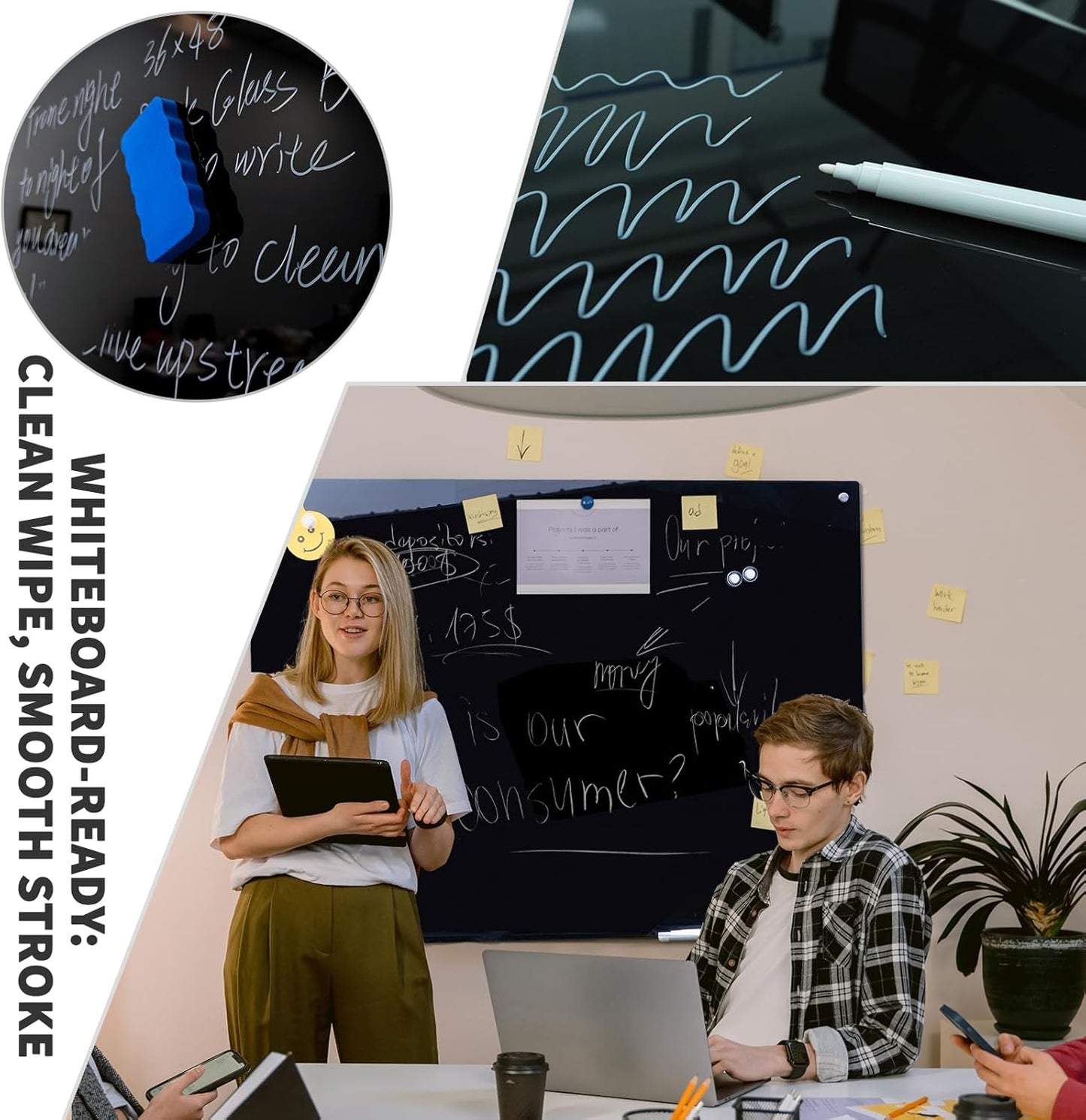 Magnetic Glass Black Board 48"x36" Glass Dry Erase Blackboard Tempered Glass Whiteboard Wall Mounted for Office School Home (Black)