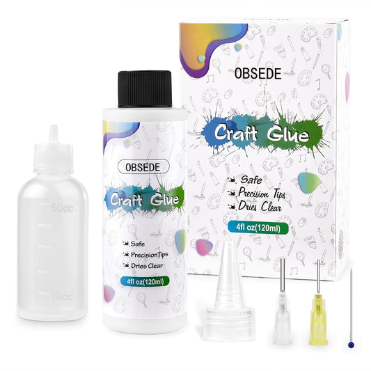 OBSEDE Clear Craft Glue for Crafts, Bundle with 50ml Precision Bottle, 2 Metal Needle Tips, Applicator Cap, and Cleaning Pin (6 Items) - Dries Clear for Paper Crafting Scrapbooking and Card Making