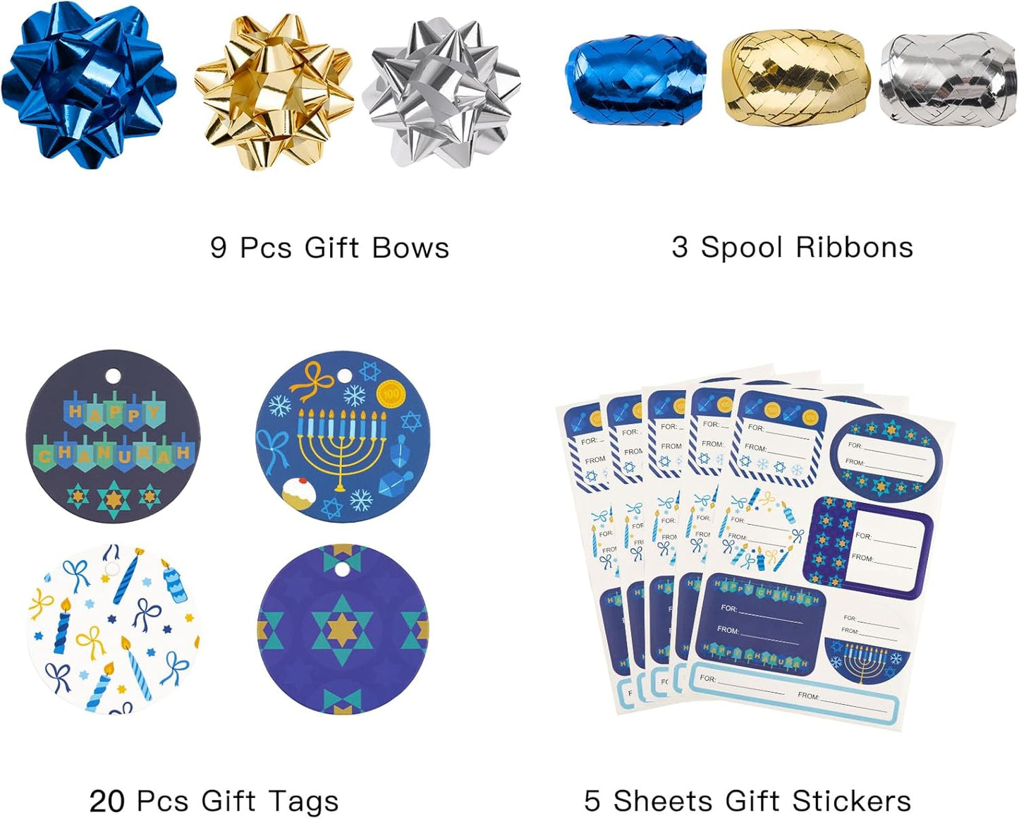 WRAPAHOLIC Hanukkah Wrapping Paper Set - Menorahs, the Star of David, Candles Design Chanukah Wrapping Paper Bundle with Gift Bow & Ribbon & Tag & Sticker