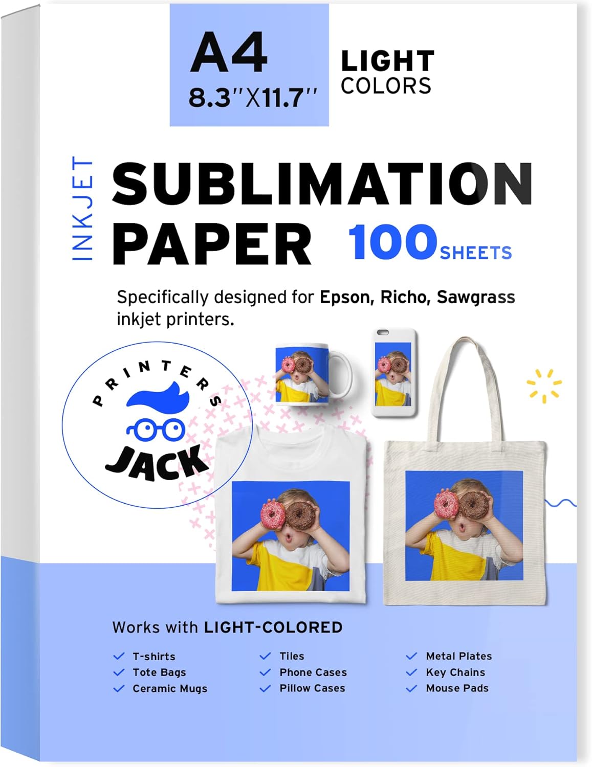 Printers Jack Sublimation Paper - Heat Transfer Paper 100 Sheets 8.3" x 11.7" for Any Epson HP Canon Sawgrass Inkjet Printer with Sublimation Ink for T shirt Mugs DIY