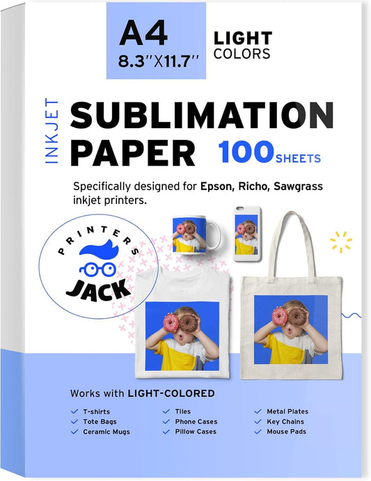 Printers Jack Sublimation Paper - Heat Transfer Paper 100 Sheets 8.3" x 11.7" for Any Epson HP Canon Sawgrass Inkjet Printer with Sublimation Ink for T shirt Mugs DIY