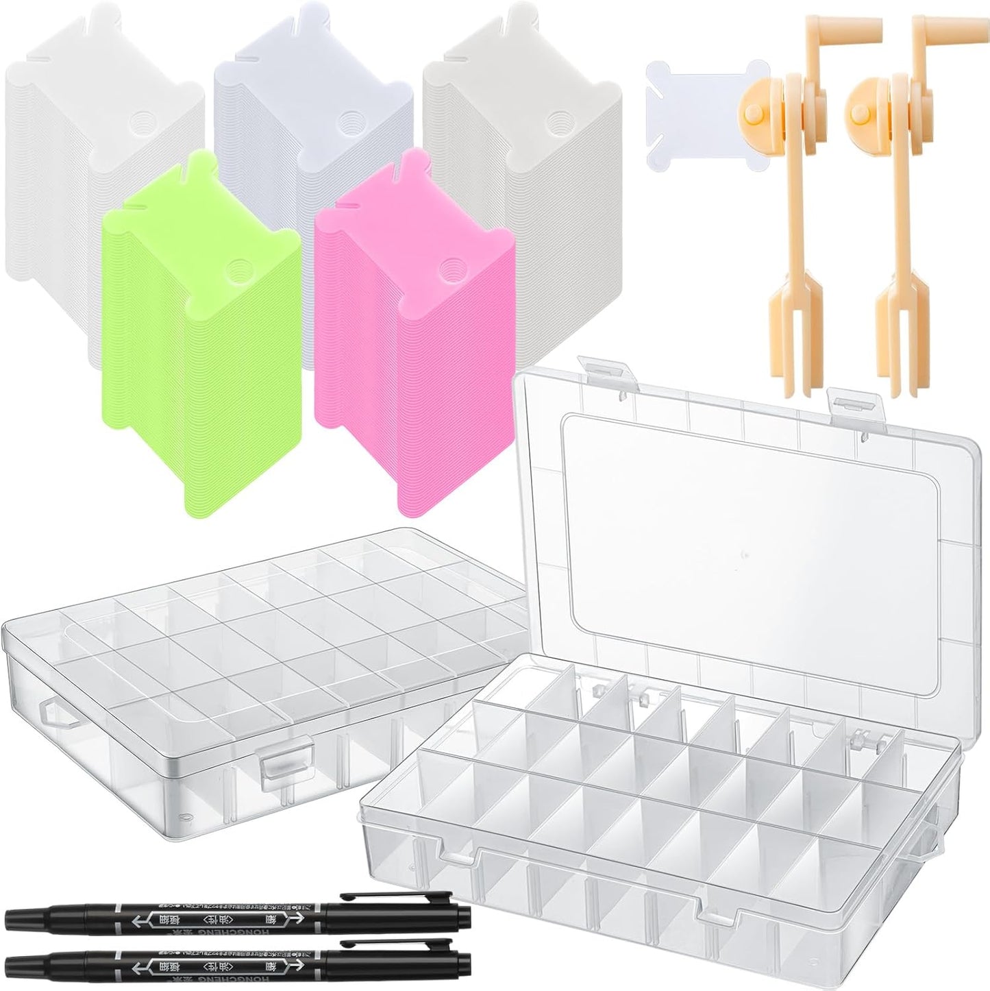 GlikCeil 256 Pcs Embroidery Floss Organizer Kit - 2 Removable 24-Grid Thread Storage Boxes with Plastic Bobbins, 2 Bobbin Winders, Twin-tip Markers for Cross Stitch, DIY Sewing, Craft Storage