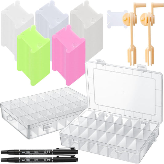 GlikCeil 256 Pcs Embroidery Floss Organizer Kit - 2 Removable 24-Grid Thread Storage Boxes with Plastic Bobbins, 2 Bobbin Winders, Twin-tip Markers for Cross Stitch, DIY Sewing, Craft Storage
