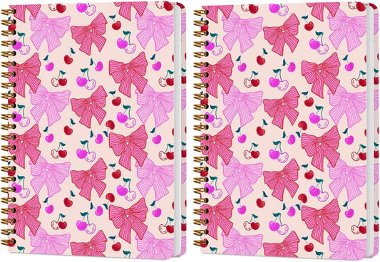 2 PCs Coquette Pink Bows Cherry Journaling Notebooks Trendy Preppy Spiral Notebook Aesthetic Design Gifts for Women Girls Note Books Journals for Writing Hardcover Notebook Office Classroom Supplies
