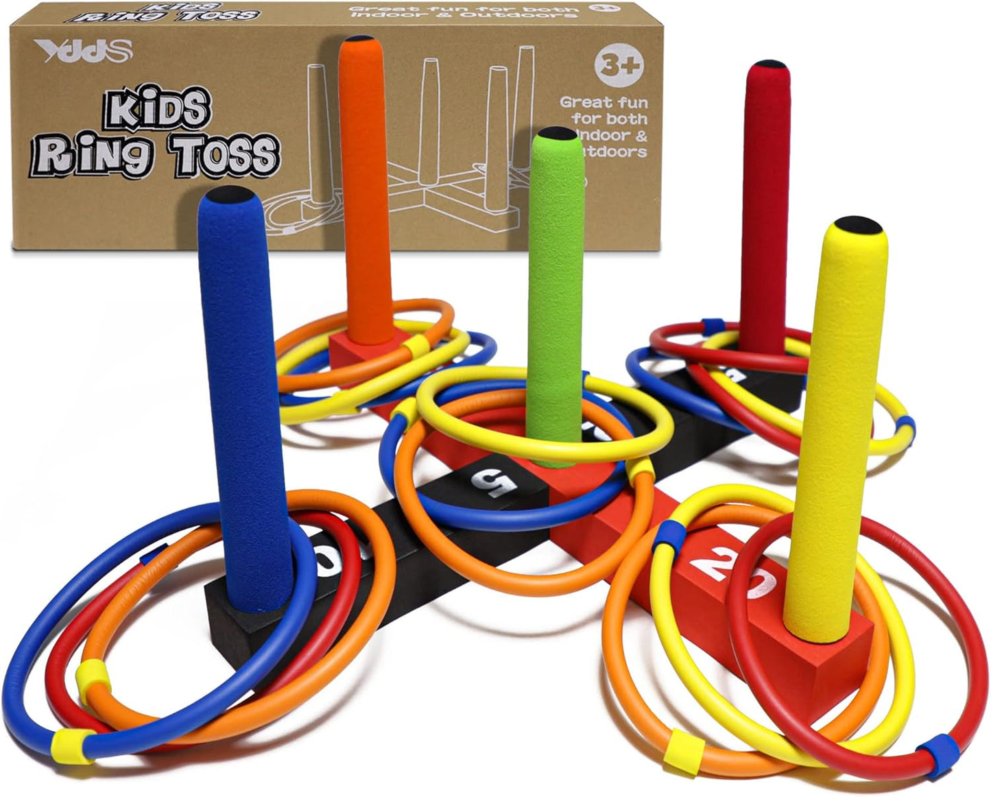 Ring Toss Game for Kids, Indoor & Outdoor Game for Family and Adults with 5 Poles, 2 Bases and 16 Rings in 4 Colors, Soft Foam Toy for Kids Backyard Ring Toss Fun