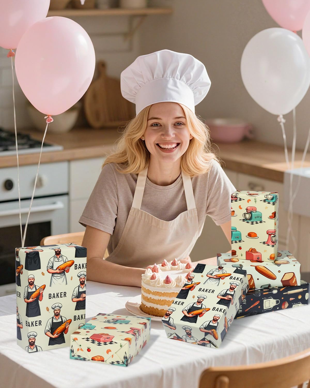 Pineraap 12 Sheets Baking Theme Wrapping Paper, Cute Baker Design Gift Wrap Paper with Croissant, Bread, Folded Flat Art Paper for Baking Lover, Baker, Birthday, DIY Crafts, 19.7 x 27.6 Inch