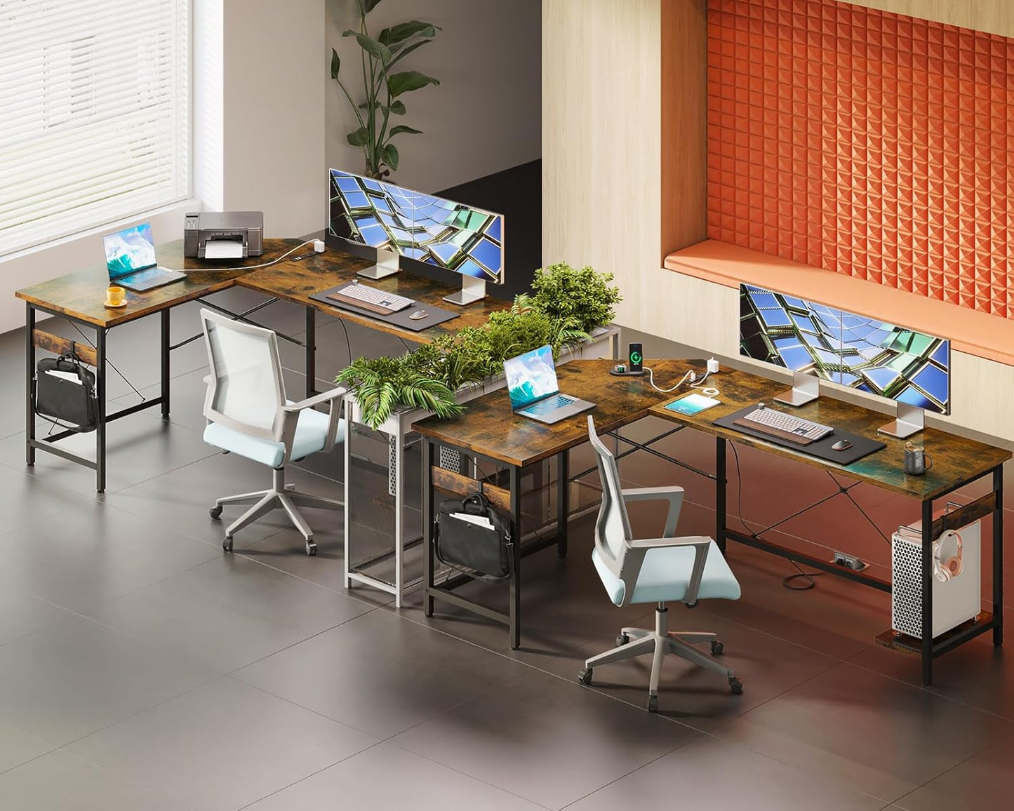 Coleshome 66" L Shaped Gaming Desk with Outlet, L Shaped Desk with CPU Stand, Corner Computer Desk, Home Office Desk, Writing Desk, Vintage