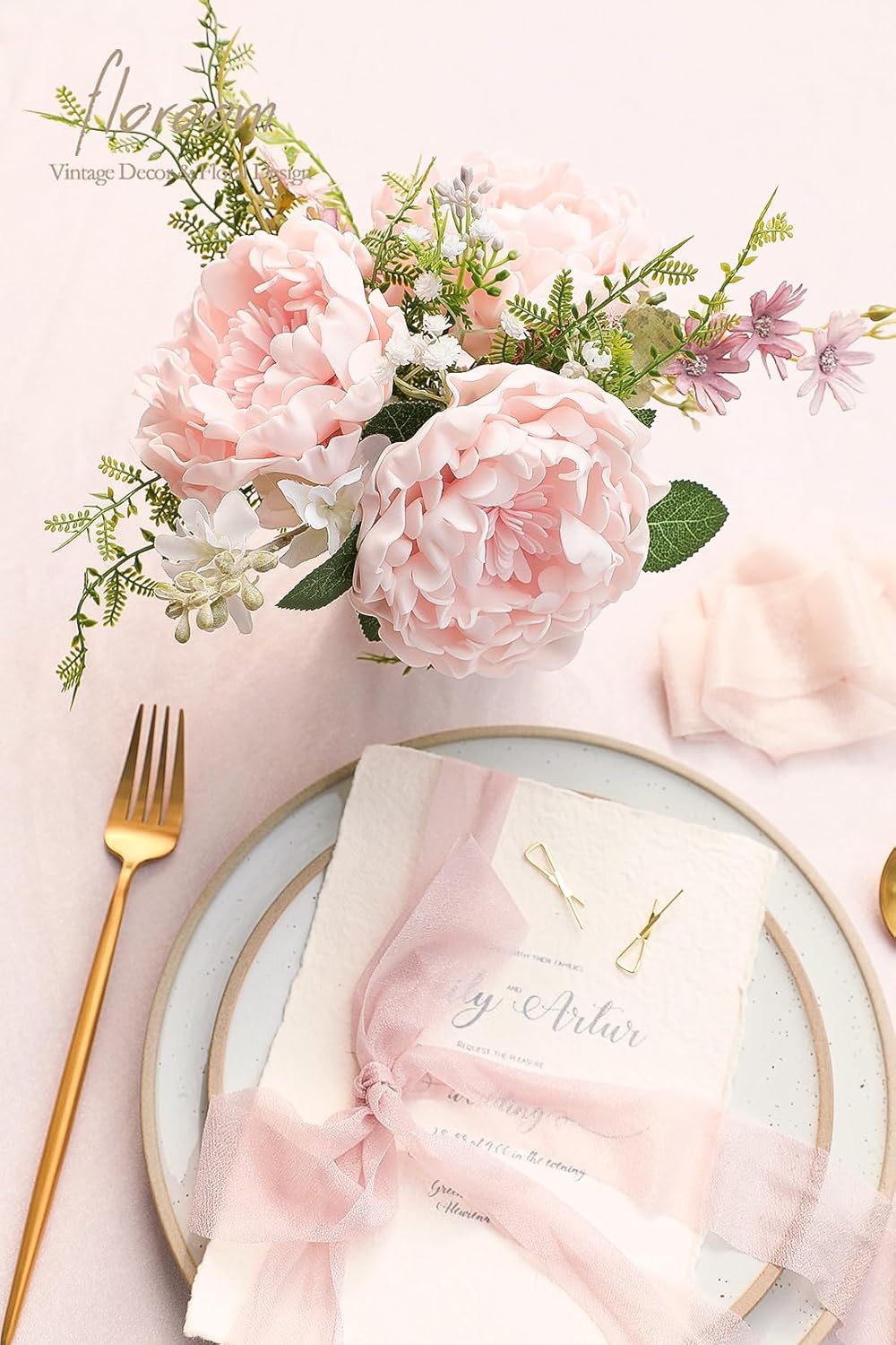 Floroom Artificial Flowers 16pcs 4" Blush Blooming Peonies Real Looking Foam Fake Peony with Stems for DIY Wedding Bouquets Pink Bridal Shower Centerpieces Floral Arrangements Party Tables Decorations