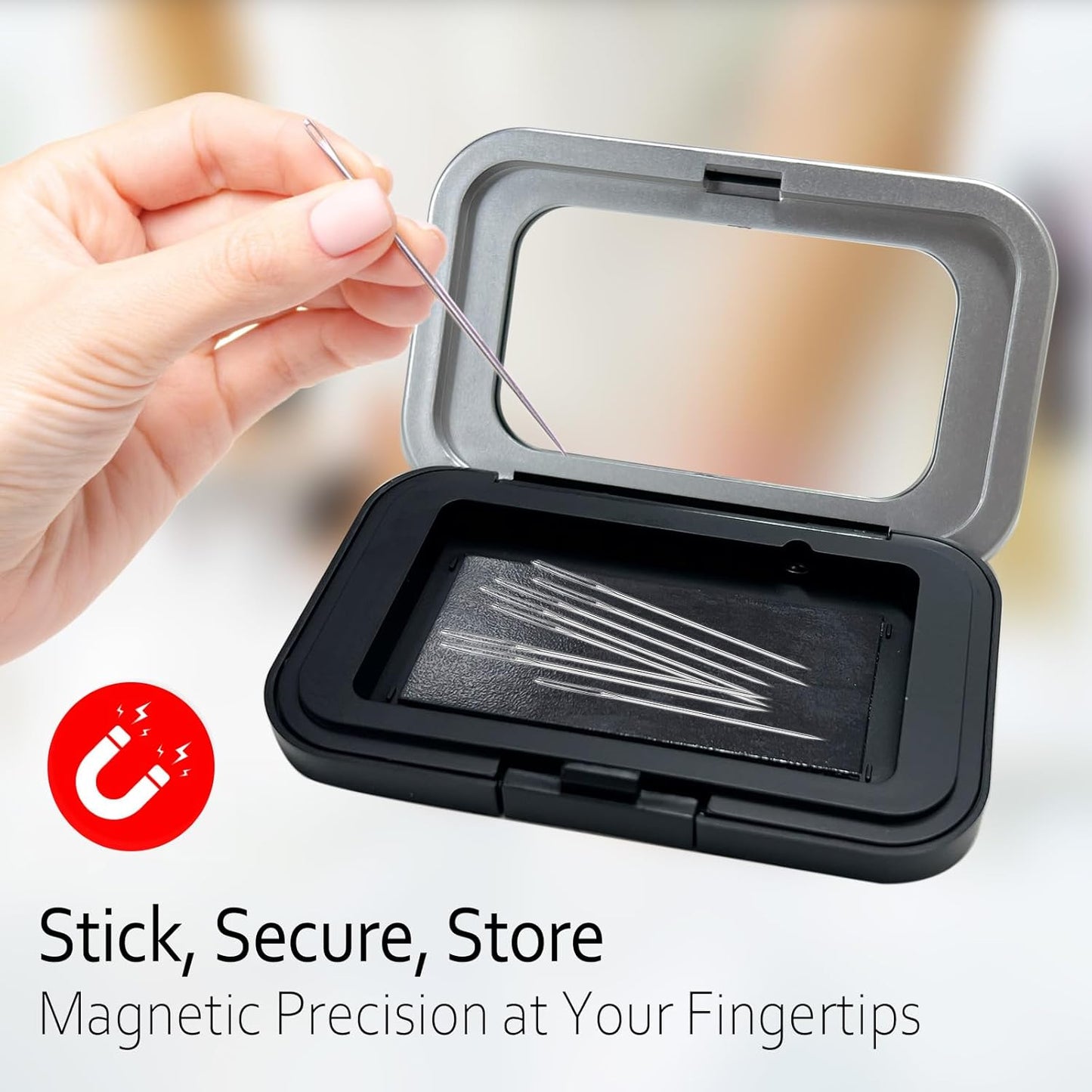 FJW Magnetic Needle Holder Case with Clear Acrylic Lid - Strong Sewing Pin Storage Case - Secure & Visible Needle Keeper for Sewing, Quilting, Crafts Small