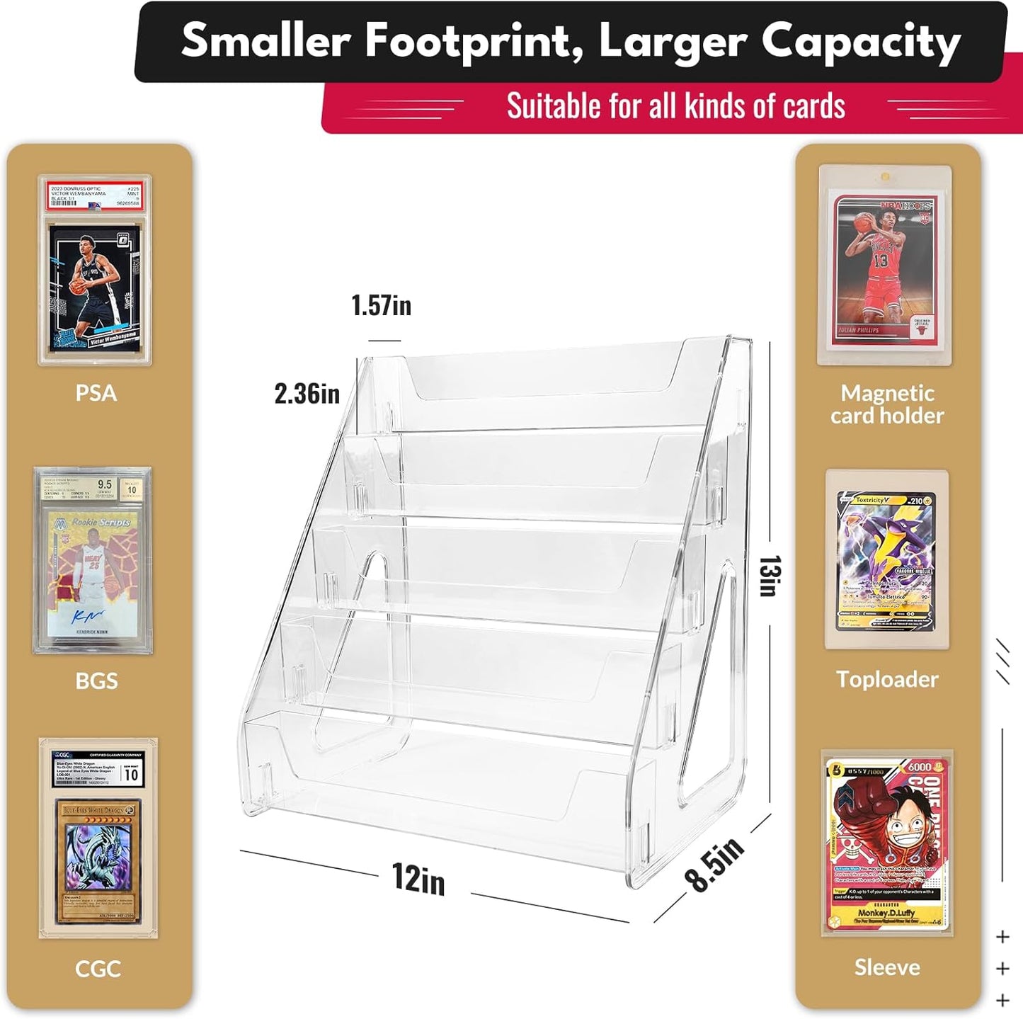 Trading Card Display Stand, Vertical Holder for Baseball Basketball Sports Graded Card Display Stand Tabletop for PSA BGS SGC Slabs, Snap-On Assembly(5 Tier, 1 Pack)