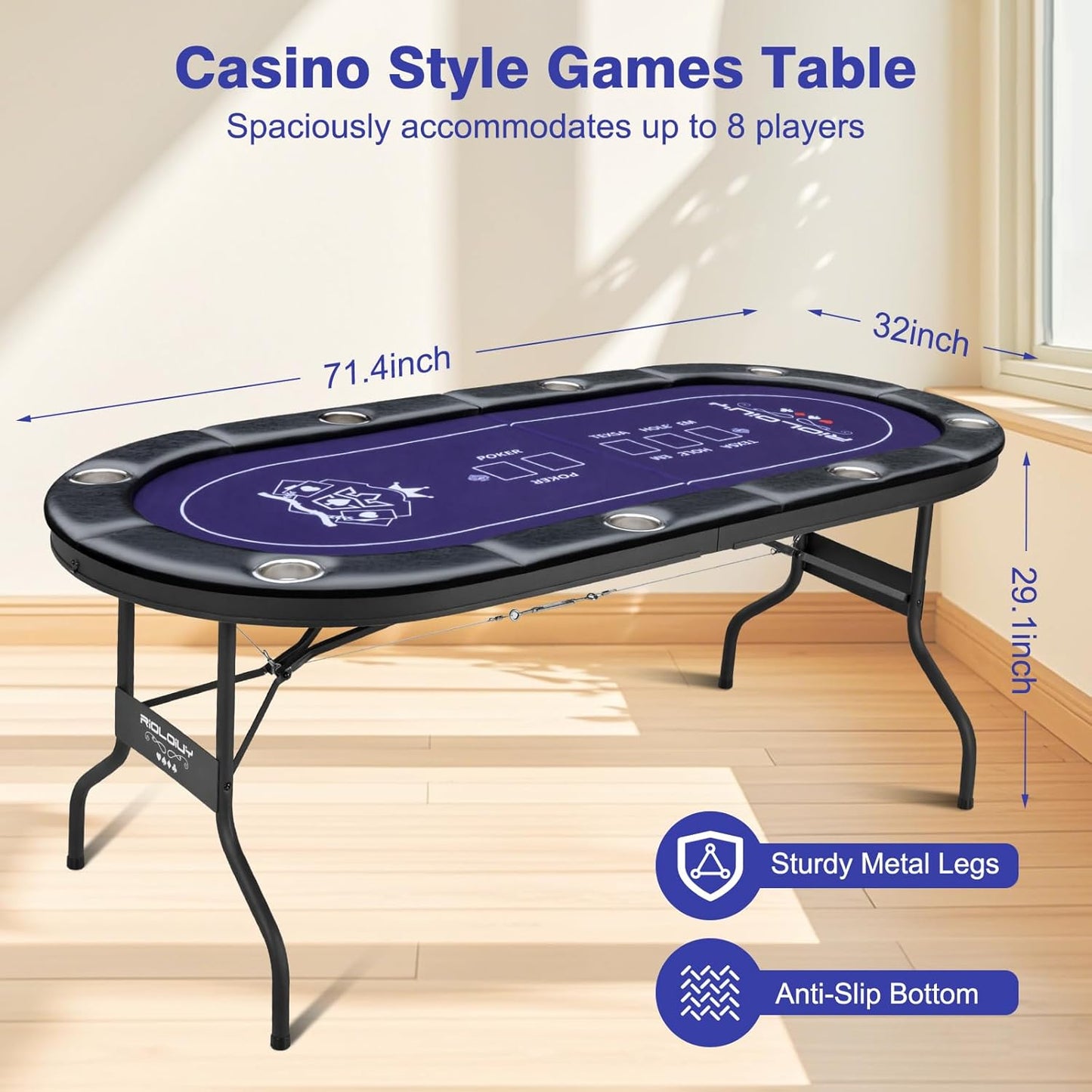 8 Player Poker Table Foldable, Texas Holdem Casino Table with Padded Rails & Cup Holders, Portable Folding Game Table for Home or Game Room, 71 Inch