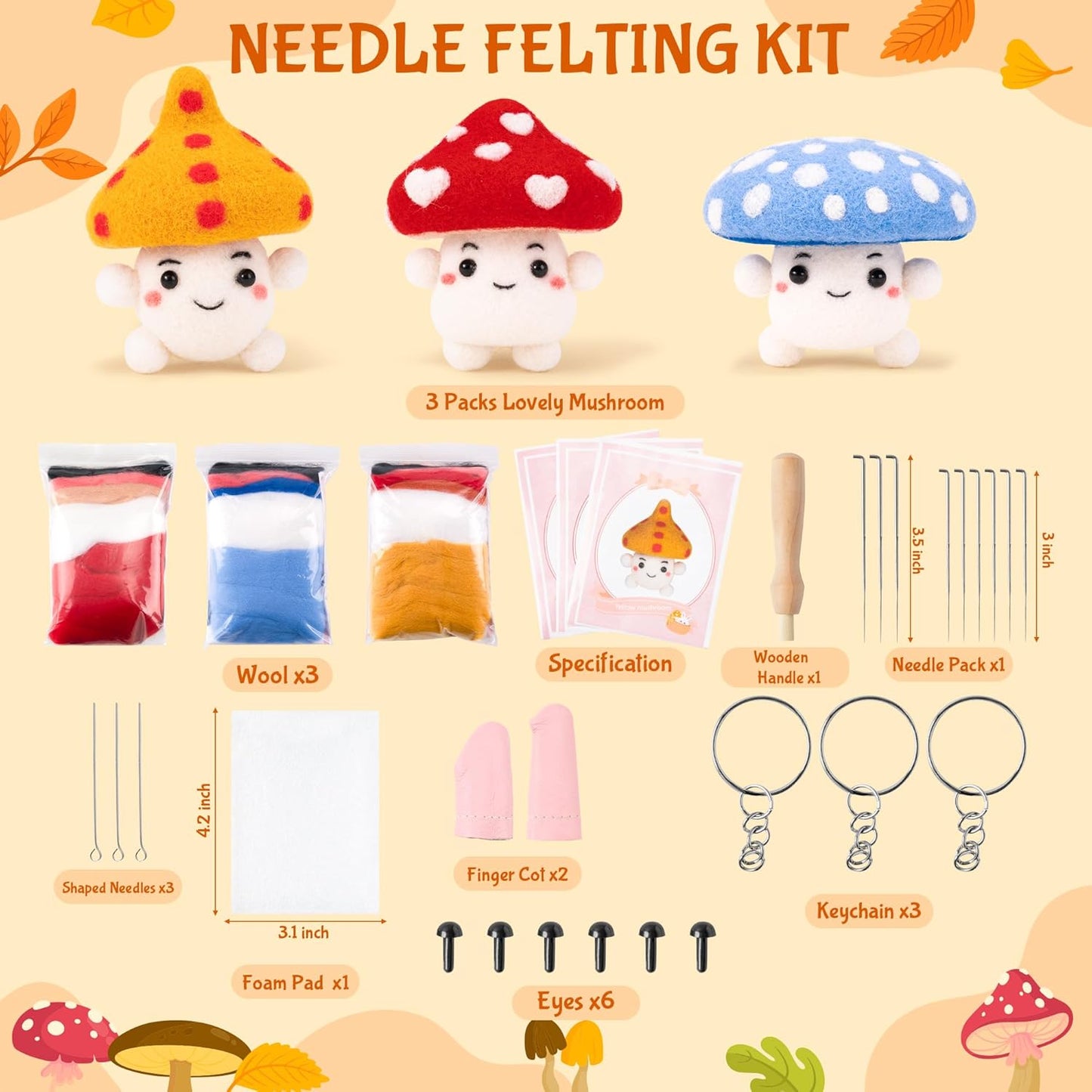 WATINC Needle Felting Kit - 3 Set Unique Different Cute Doll Wool Felt Needle Tools Foam Pad Instruction, DIY Home Decoration Craft Party Supplies for Art Work Starter Beginners (Mushroom)