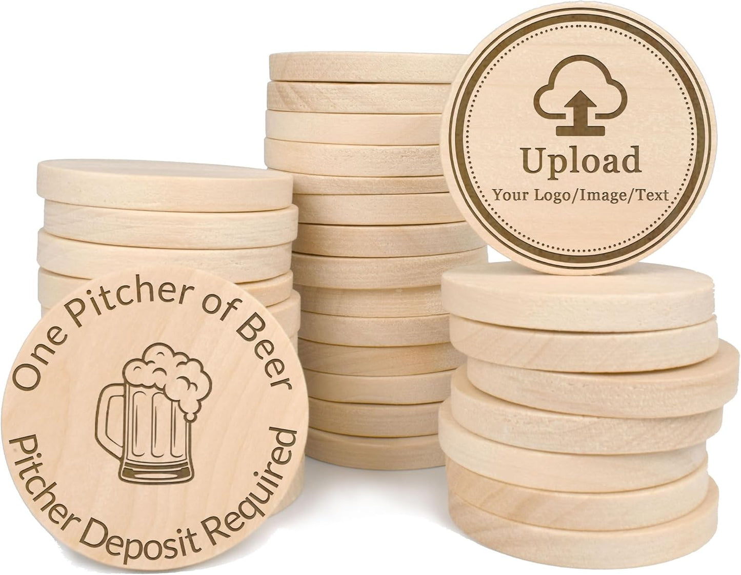 30 Custom Wooden Round Drink Tokens – Double-Sided Laser Engraved Bar Tokens, Poker Chips, Drink Tickets with Your Logo & Text – Personalized for Wedding, Party, Festival, Corporate Events
