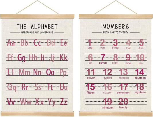 Alphabet and Numbers Wall Chart Set of 2 ,Kids Educational Posters,ABC and 1-20 Number Learning Banners for Toddlers, Preschool Classroom, Homeschool, Nursery, Playroom Decor 14 x 18.5 Inch(Pink)
