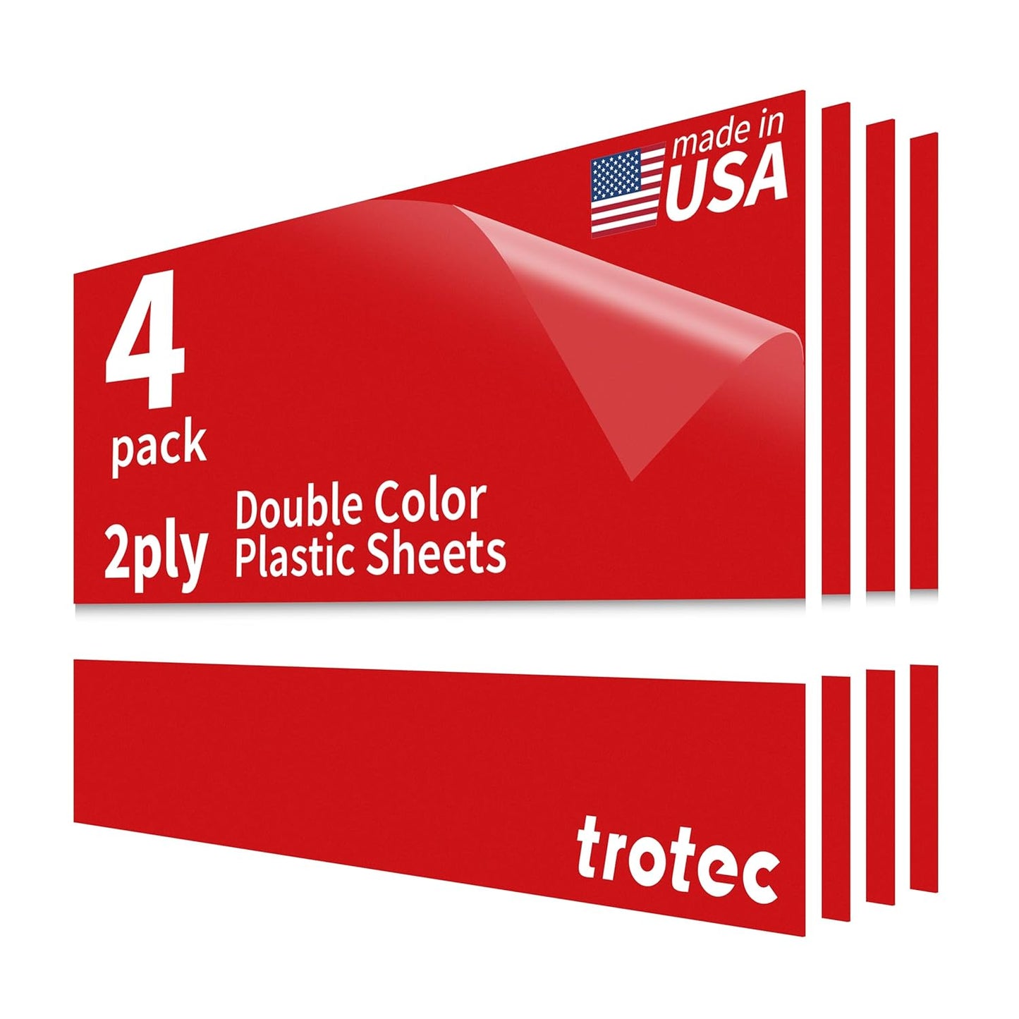 Trotec TroLase | 12"x20"x1/8", 4 Pcs | Red/White | 2 Ply | Modified Acrylic | Laser Engraving Double Color Plastic Sheet | Engraving Blanks for Laser, Saw, Guillotine | Made in USA
