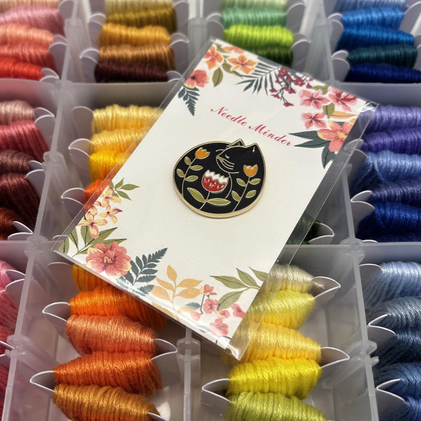 Hydrangea Magnetic Needle Minder for Cross Stitch – Strong Needlepoint Holder, Embroidery Sewing Magnet – Secure & Decorative Needle Minders for Stitching & Crafting (Floral Cat)