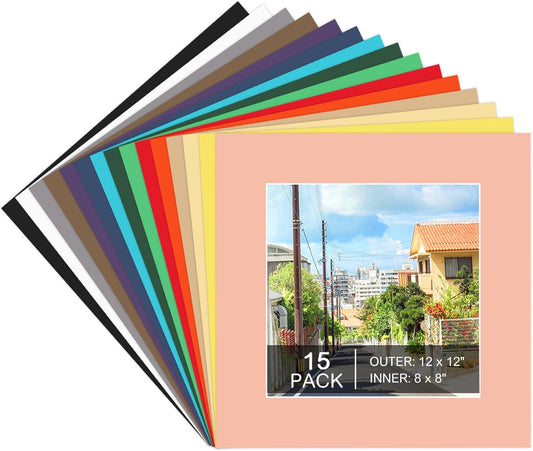 15 Pack 12x12 Picture Mats, Mixed Colors Frame Mattes for 8x8 Pictures Photo Frame Mat Core Bevel Cut Mat Board Show Kit for Photos, Prints, Artworks