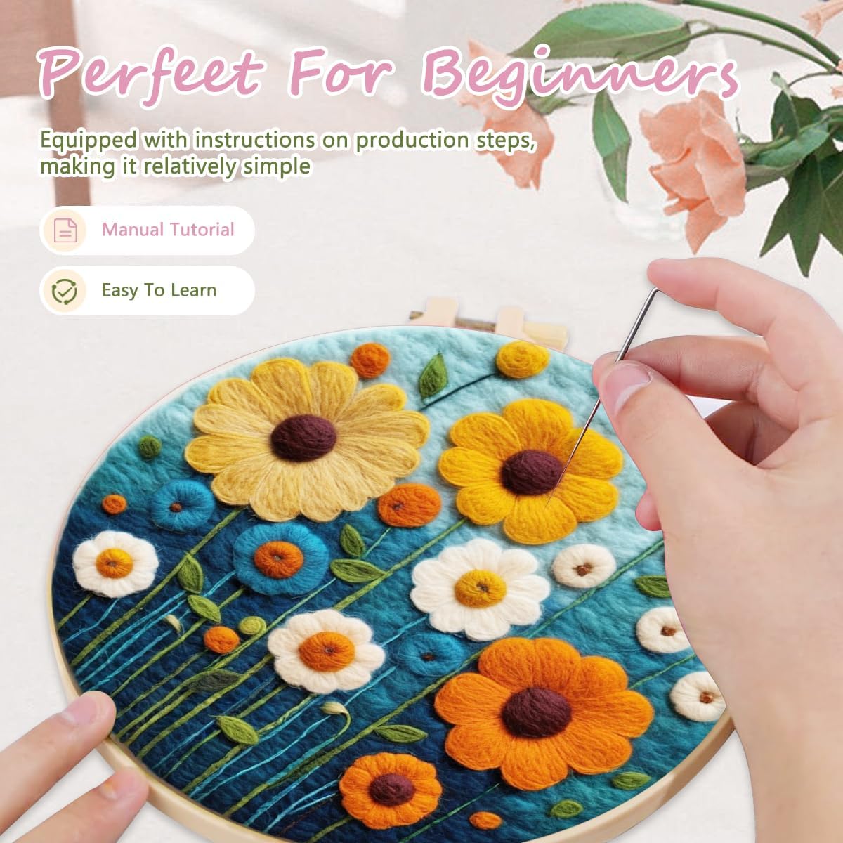 yesJRL Needle Felting Kits Beginners, Natural Landscape DIY Wool Needle Felting Starter Kit, Floral Needle Felt Set with Foam Pad, Felt Cloth and Instructions, Used for Home Decoration (Orange)