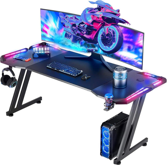HLDIRECT 63 Inch Gaming Desk with LED Lights Carbon Fibre Surface Gaming Table Large Computer Desk Ergonomic Home Office Desks Z Shaped PC Gamer Workstations with Cup Holder & Headphone Hook Black