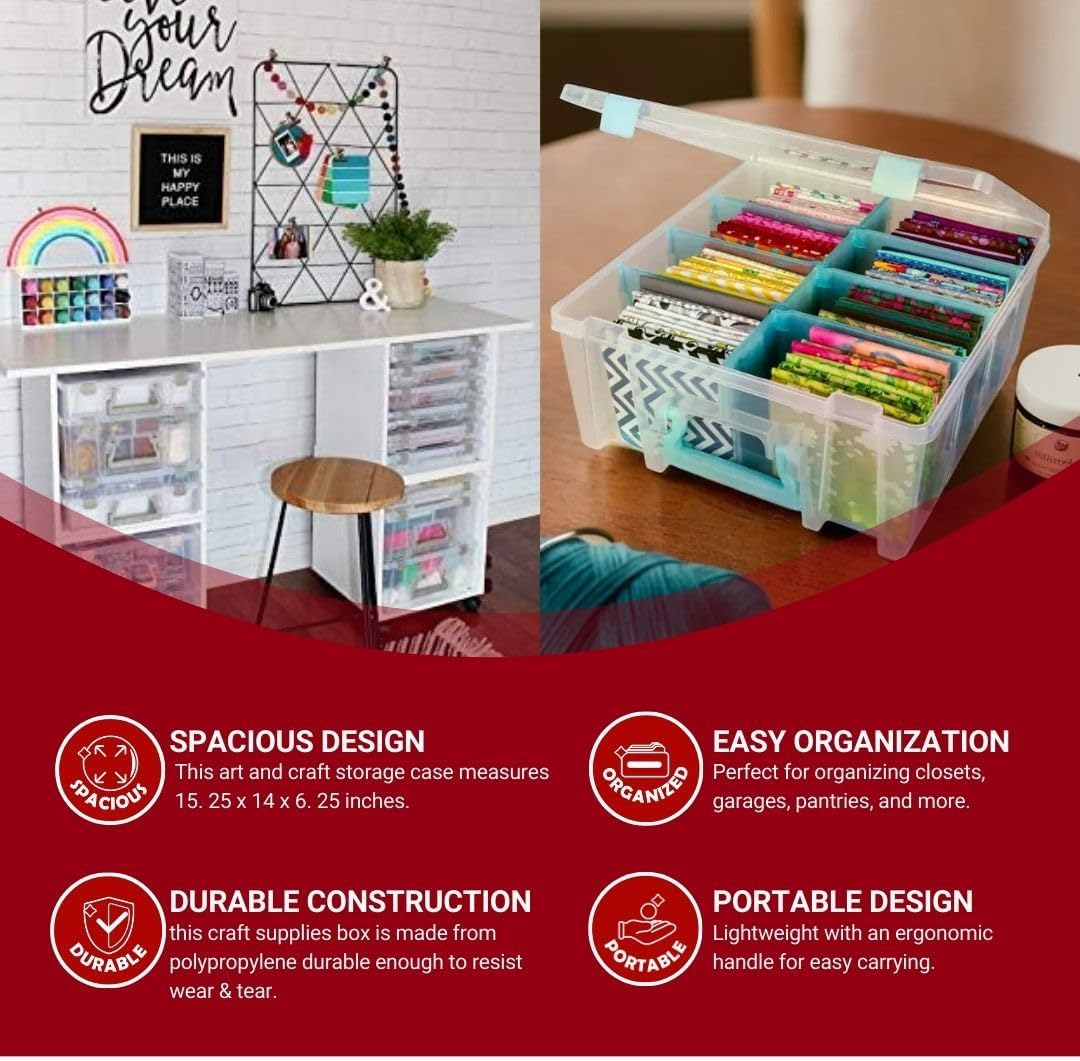 ArtBin 6990SA Super Satchel Double Deep Compartment Box - Art Storage with 8 Removable Compartments, Smart Closure for Craft Supplies (Clear & Aqua- Pack of 1)