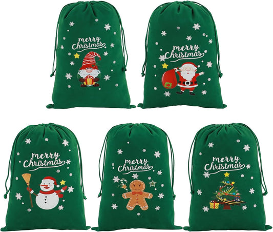 Tapleap Coth Christmas Bags with Drawstring - 50Pcs 7x10 Green Velvet for Small Bussiness Wrapping Christmas Party Favors or Gifts for Friends, Coworkers