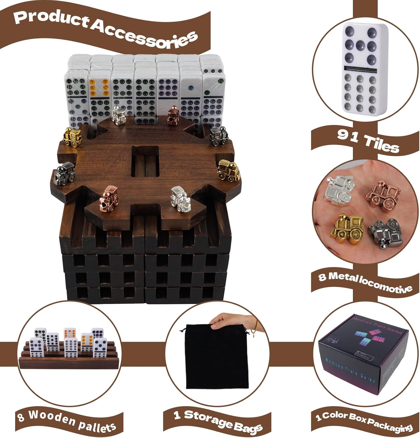 8 Players Mexican Train Dominoes Game Set - Double 12 Dominoes with Wooden Hub, 8 Metal Trains & Domino Storage Bag| Family Board Game for 2-8 Players