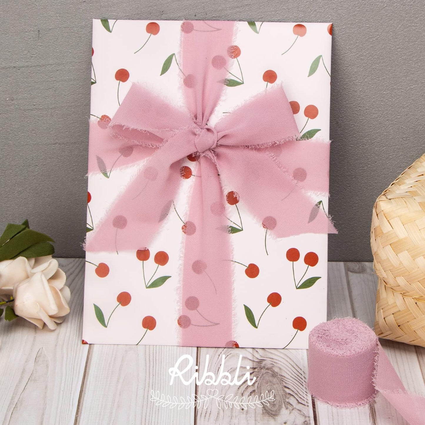 Ribbli Dusty Rose Chiffon Ribbon 1-1/2 inch x 20 Yard Handmade Fringe Chiffon Silk Ribbon,Mauve Ribbon for Wedding Invitations, Bridal Bouquets Wrapping, Flower Arrangement Decoration