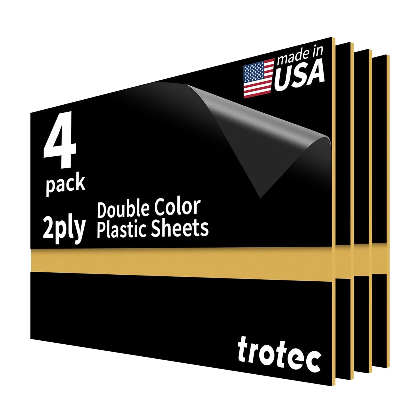 Trotec TroLase | 12"x20"x1/16", 4 Pcs | Black/Gold | 2 Ply | Modified Acrylic | Laser Engraving Double Color Plastic Sheet | Engraving Blanks for Laser, Saw, Guillotine | Made in USA
