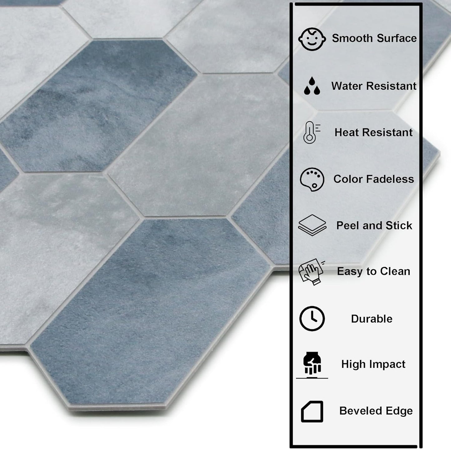 The Tiles Plaza 10-Sheet Peel and Stick Backsplash, Blue Cement Long Hexagon Self Adhesive Wall Tile, Stone Composite Stick On Decorative Mosaic Tile for Kitchen Bathroom Fireplace