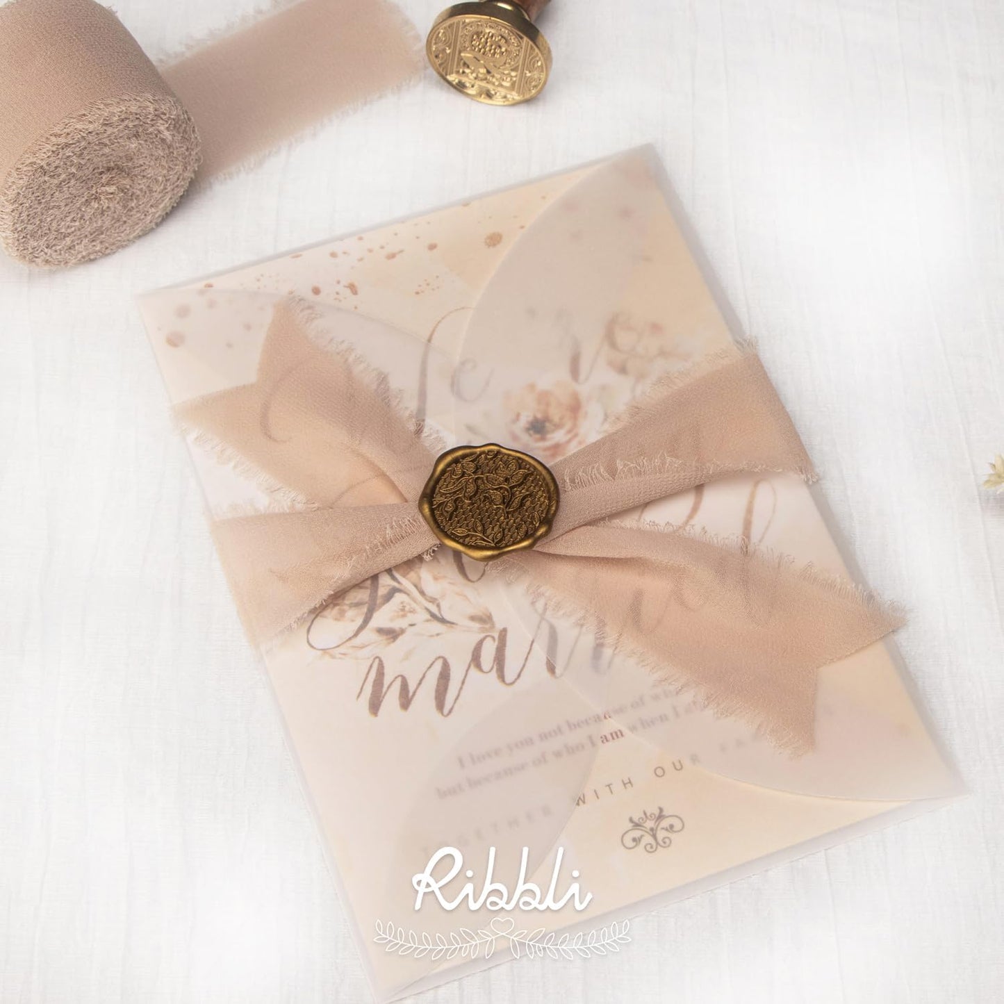 Ribbli Beige Chiffon Ribbon 1-1/2 inch x 20 Yard Handmade Fringe Silk Ribbon for Wedding Invitations, Bridal Bouquets Wrapping, Flower Arrangement Decoration