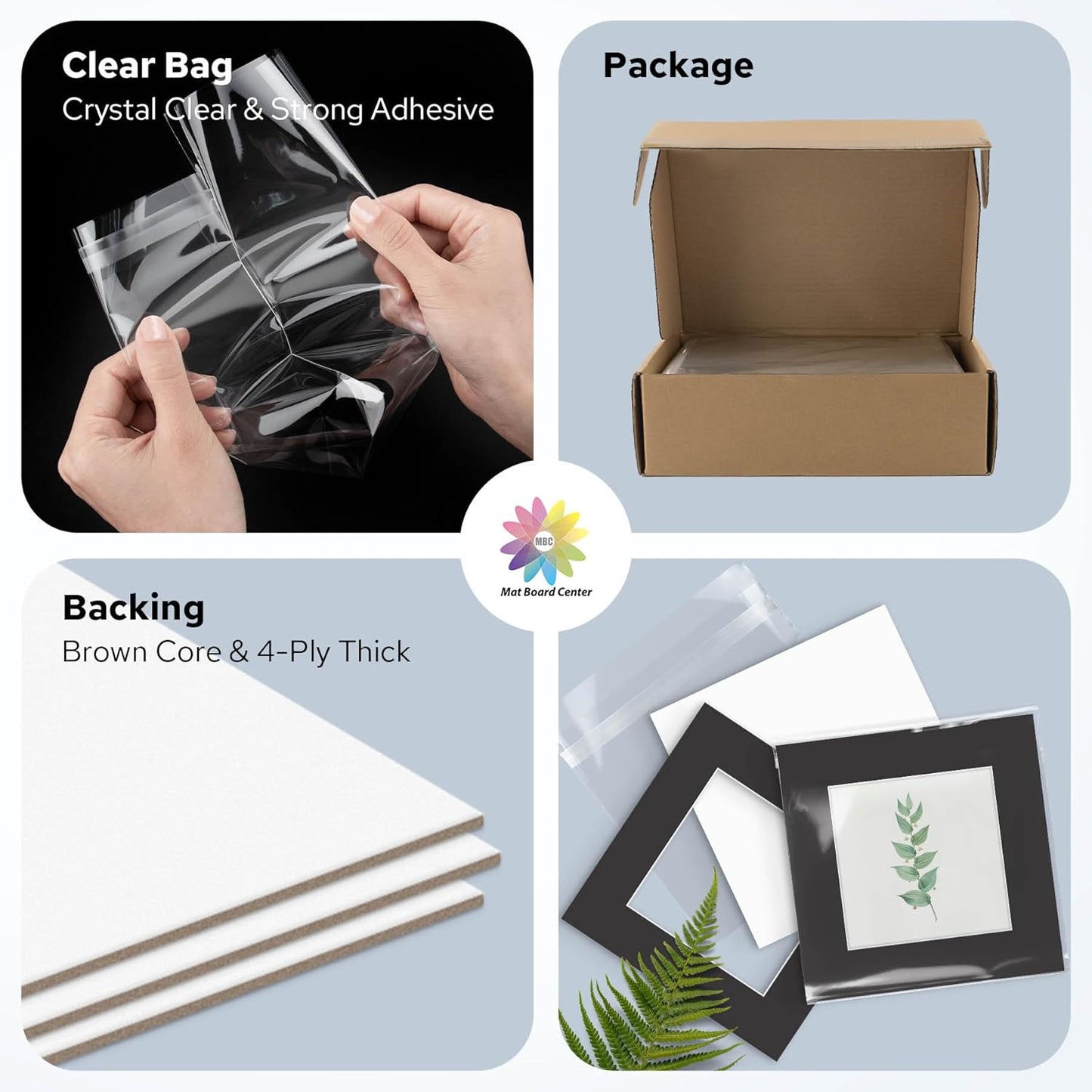 Mat Board Center, Pack of 25, 12x12 for 8x8 Black Mat Kit - Acid Free, 4-ply Thickness, White Core - Includes Backing Boards and Clear Bags - for Pictures, Photos, Framing