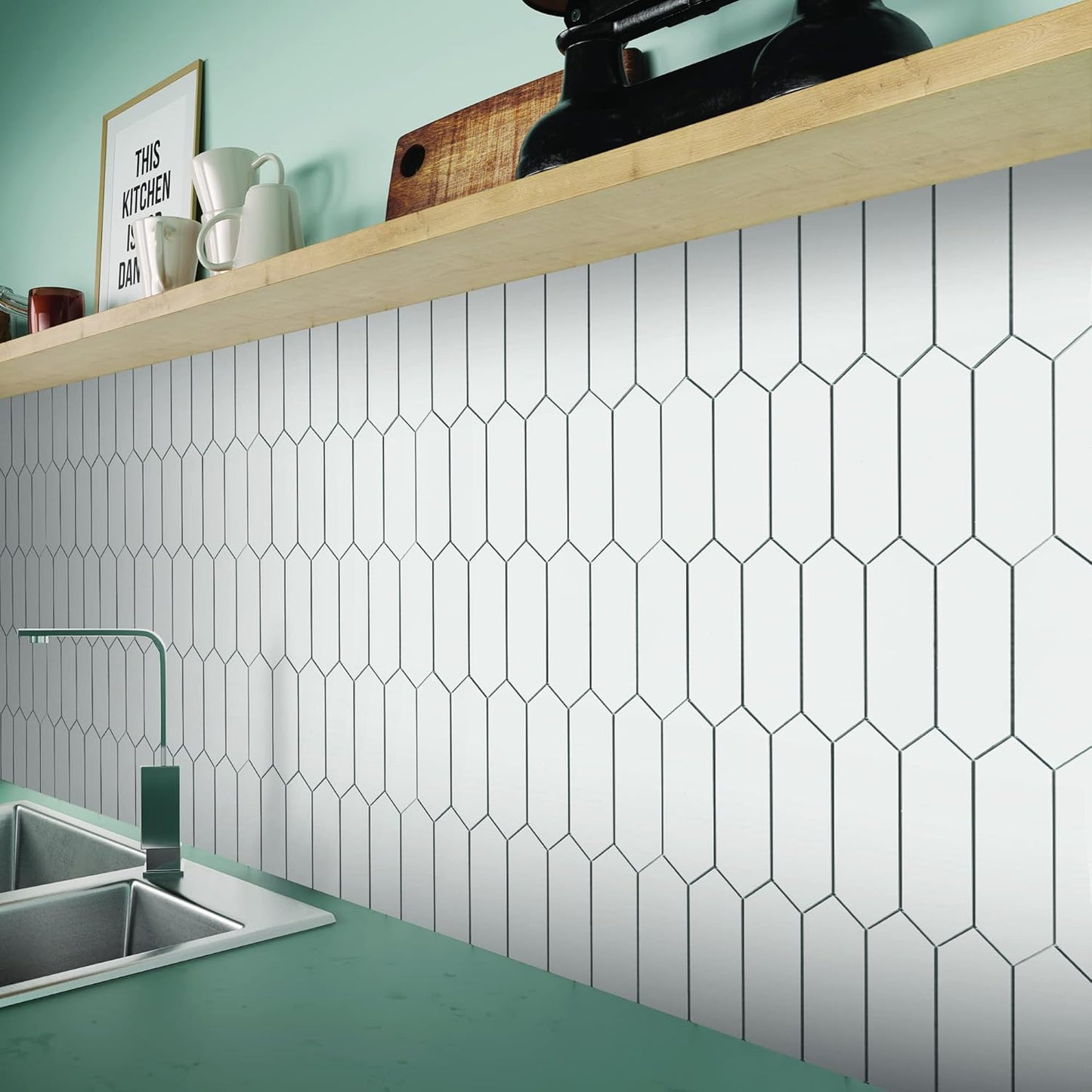 SUNWINGS Backsplash for Kitchen Peel and Stick, Stone Composite Self Adhesive Tiles Long Hexagon Mosaic Wall Tile, 12 Inch x 11.22 Inch 10 Sheets White