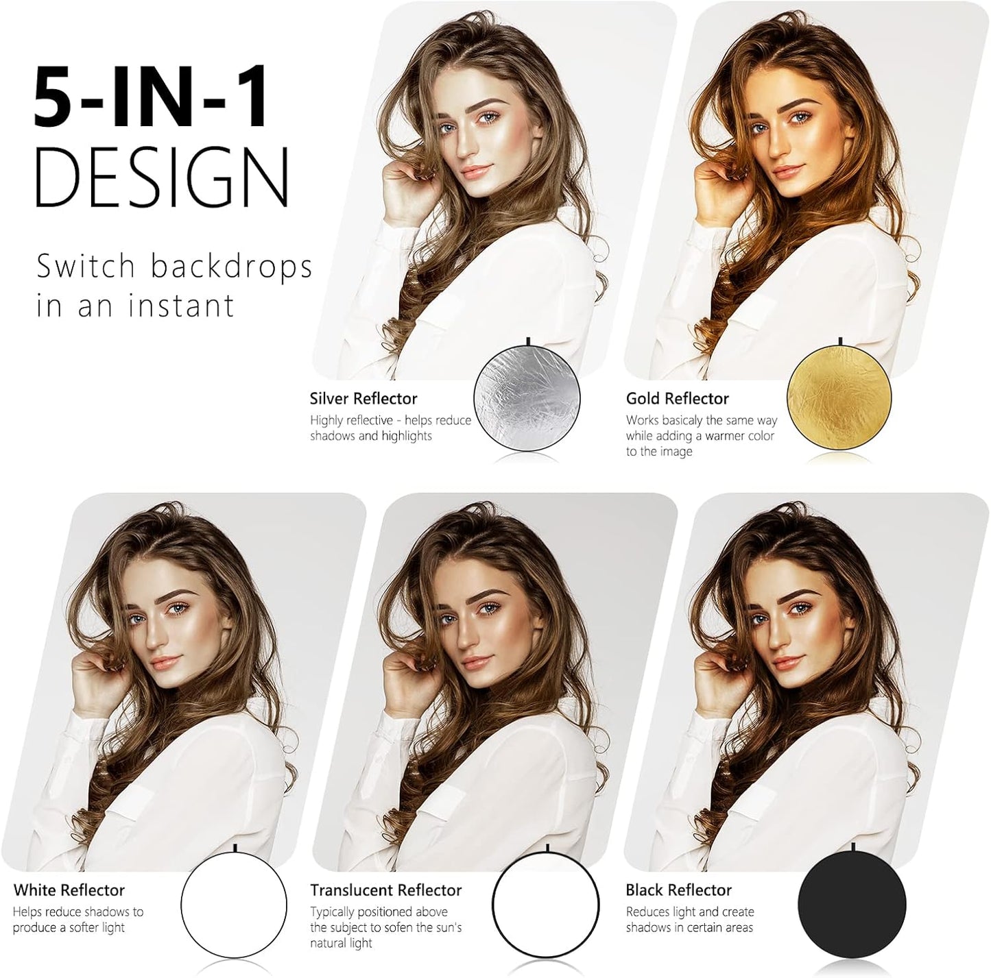 NEEWER 32-Inch 80CM Portable 5 in 1 Translucent, Silver, Gold, White, and Black Collapsible Round Multi Disc Light Reflector for Studio or any Photography Situation