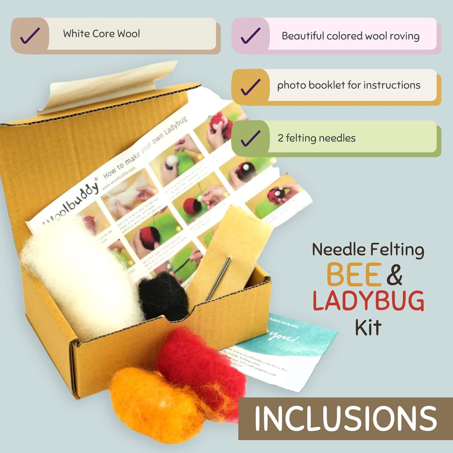 Woolbuddy Needle Felting Kit for Beginners Adults, Bee and Ladybug Animal Craft Set, Includes Materials, Tools, and Instructions for DIY Hobbyists