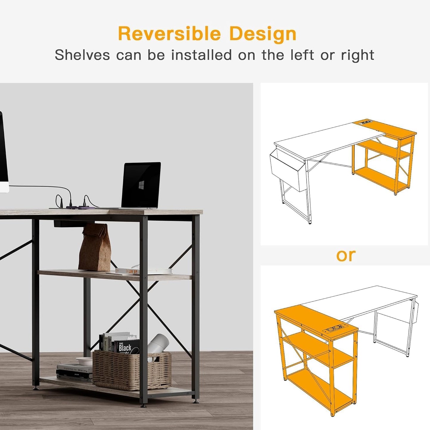 TIQLAB L Shaped Computer Desk with Power Outlets, 40 Inch Small Corner Desk with Reversible Shelves, Gaming Desk Computer Table Study Writing Desk for Home Office Small Space, Gray