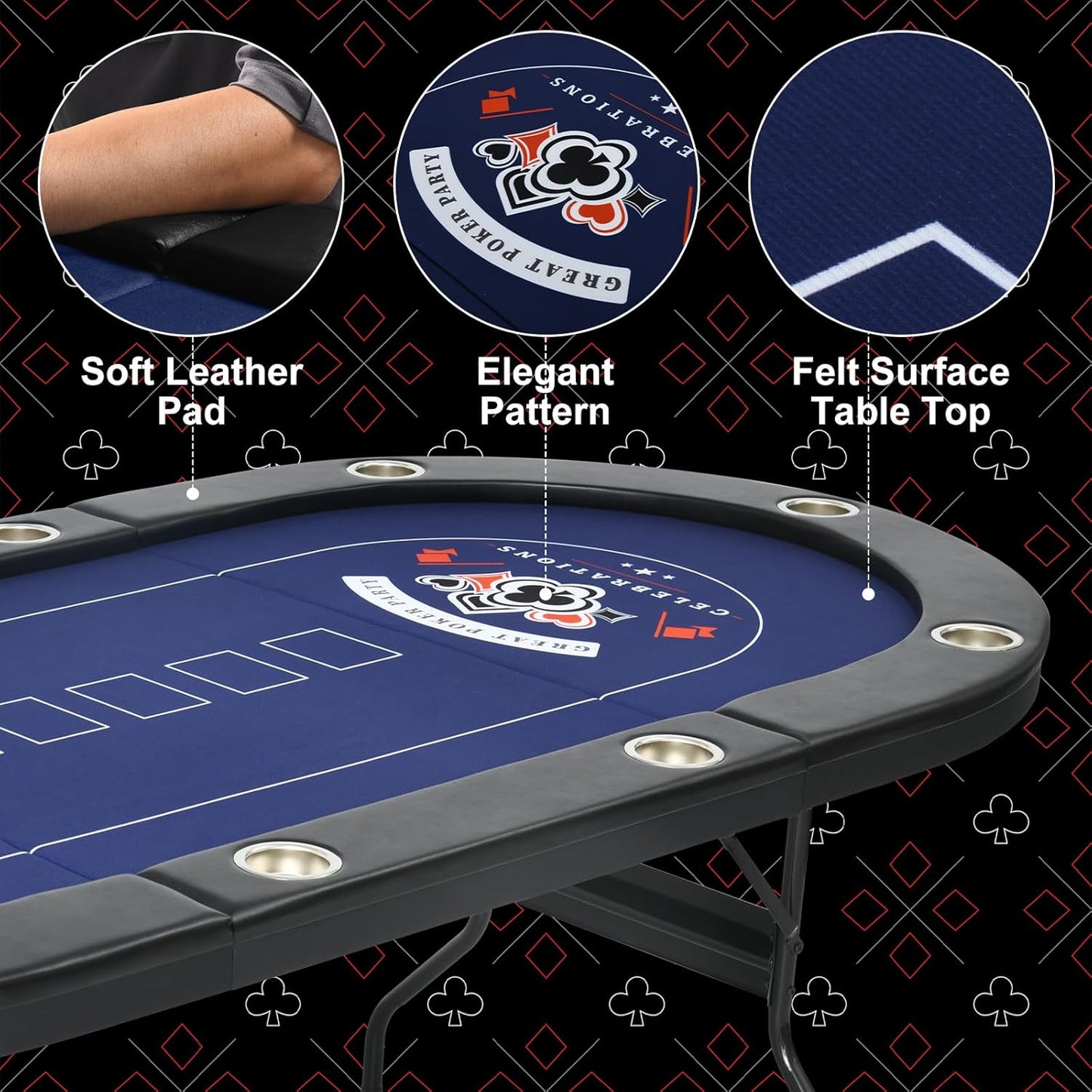 84" Poker Table, 10 Players Foldable Casino Leisure Texas Holdem Table, Portable Folding Game Table with Padded Rails and Cup Holders for Texas Card, Blackjack Board Game（Black）